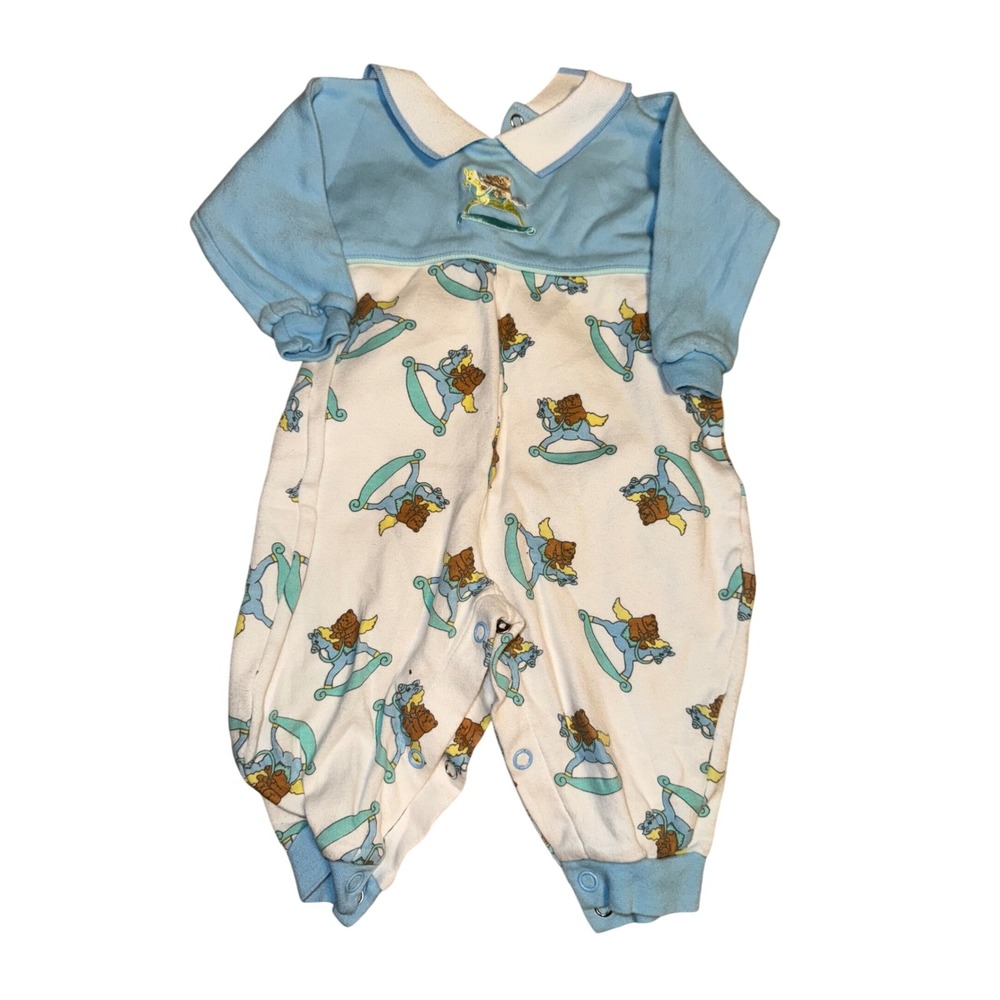 Vintage Choo Choo Out Baby Romper‎ Rocking Horse Bear Embroidered 3/6M